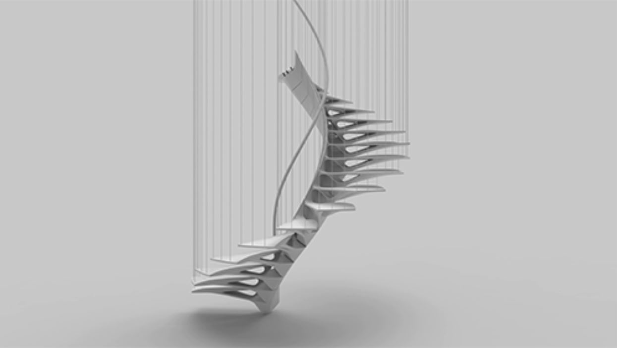 A floating concrete staircase hanging on wire ropes and reminiscent of a twisted spine against a light background.