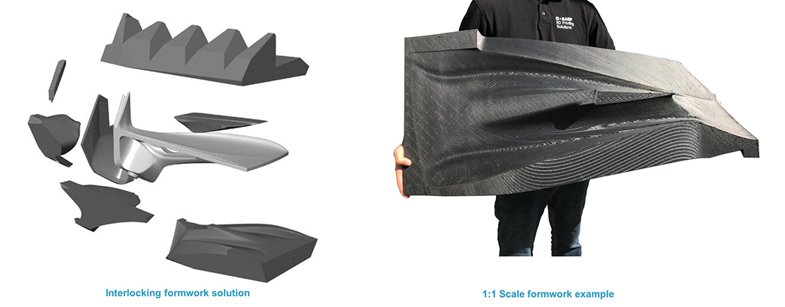 3D model of the interlocking formwork parts for concreting the steps, with a 3D printed original part to the right.